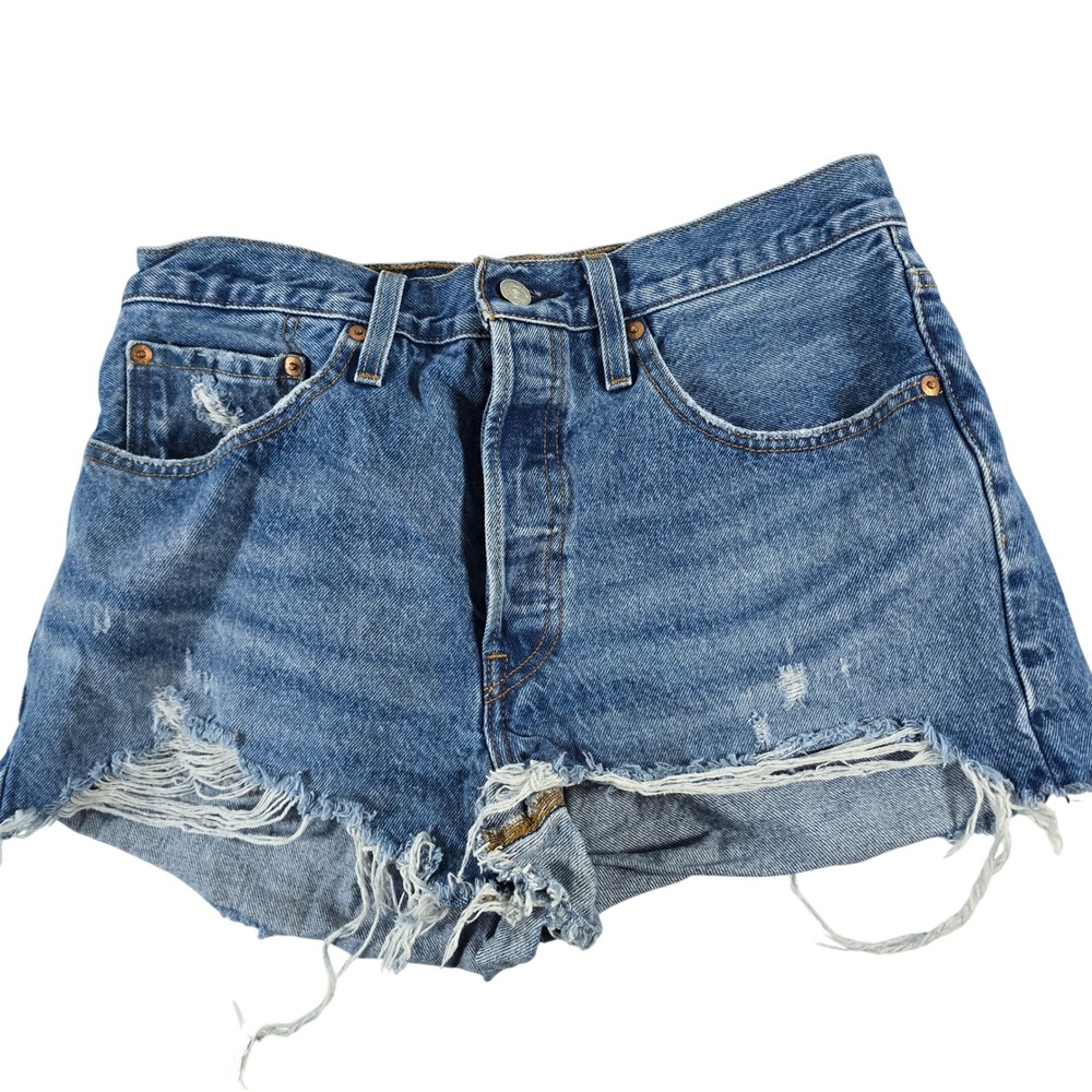 Levis 501 Original High Rise Distressed Denim Shorts Medium Wash Blue W30